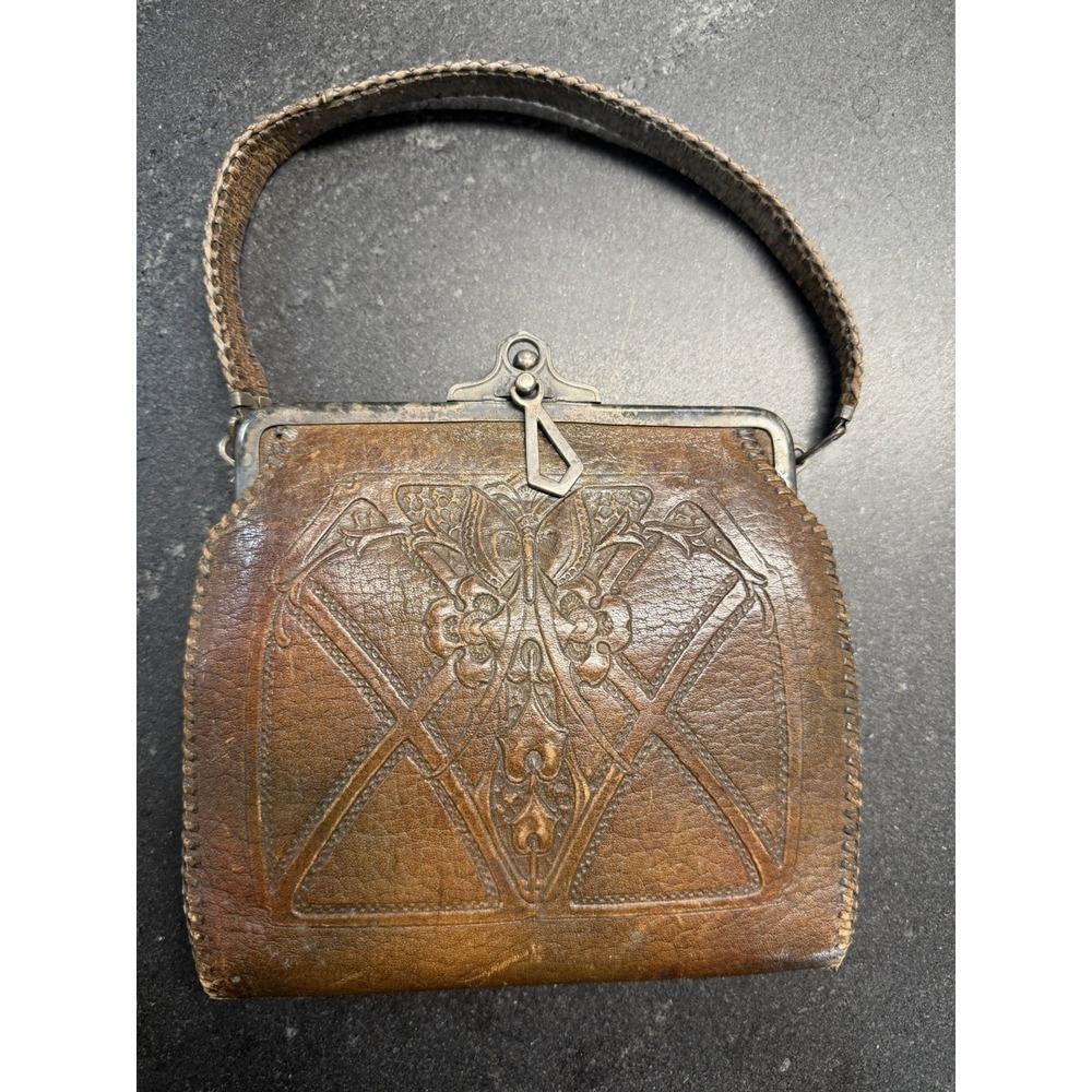 Antique Bosca Built Hand Tooled Brown Leather Handbag‎ Art Nouveau Purse 1920s